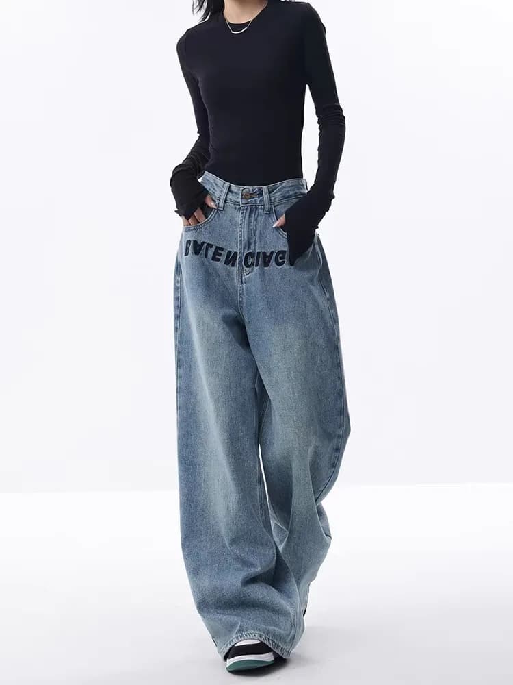Jean Bleu Brodé pour Femme, Pantalon à Jambes Larges, Décontracté, Style de Rue, Nouvelle Collection