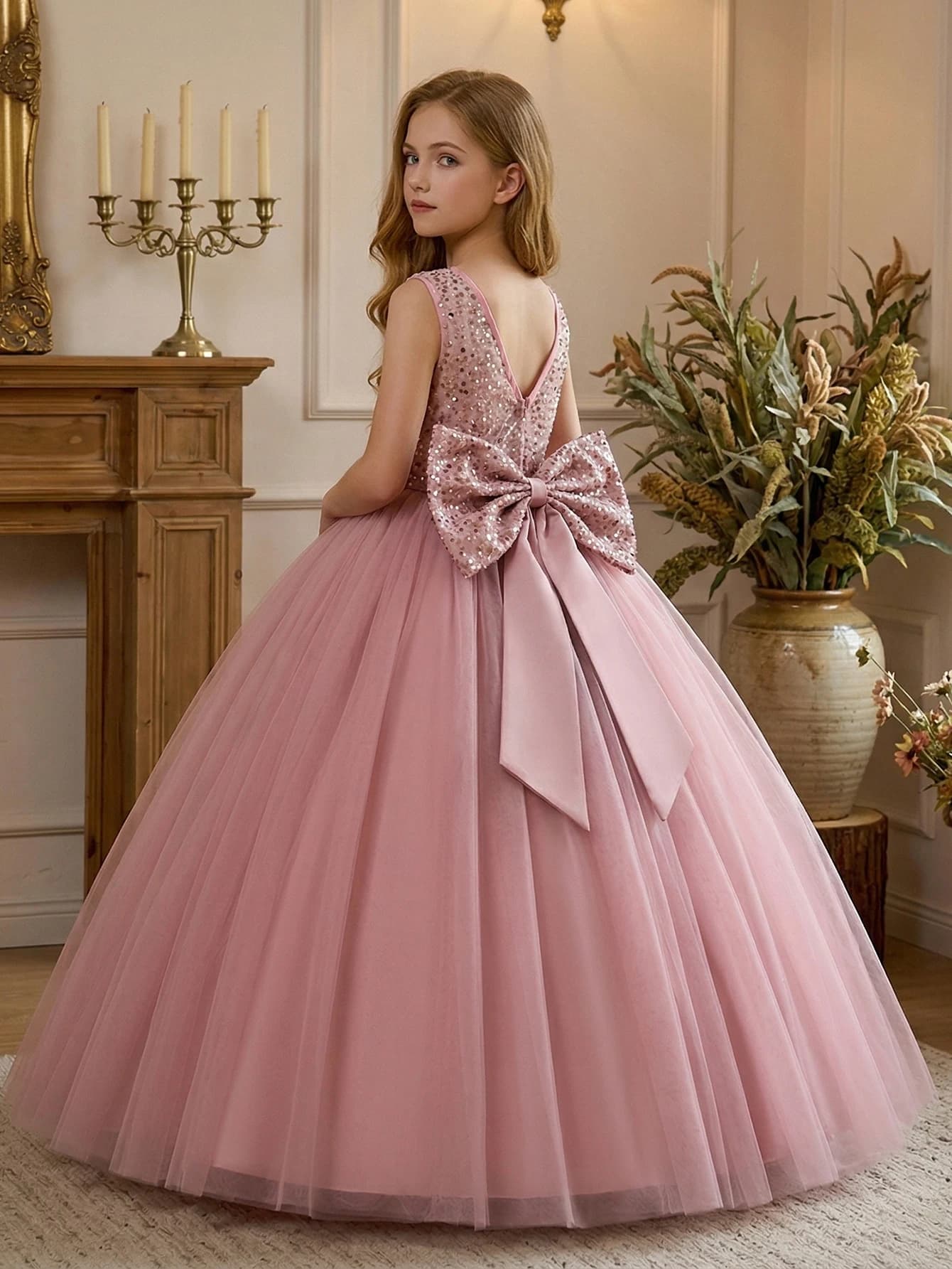 Robe de soirée longue rose pour fille avec grand nœud et col en V – Une magnifique robe de soirée po