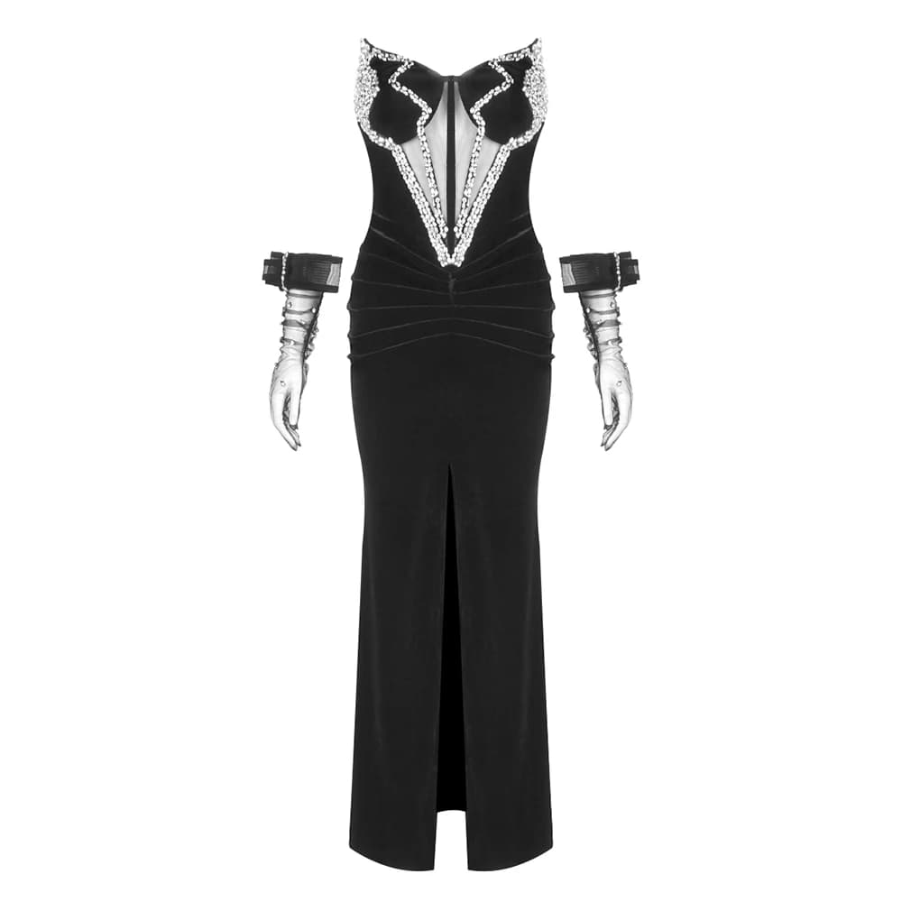 Robe de soirée de luxe en velours noir – Robe longue dos nu avec corset sans bretelles avec accents 