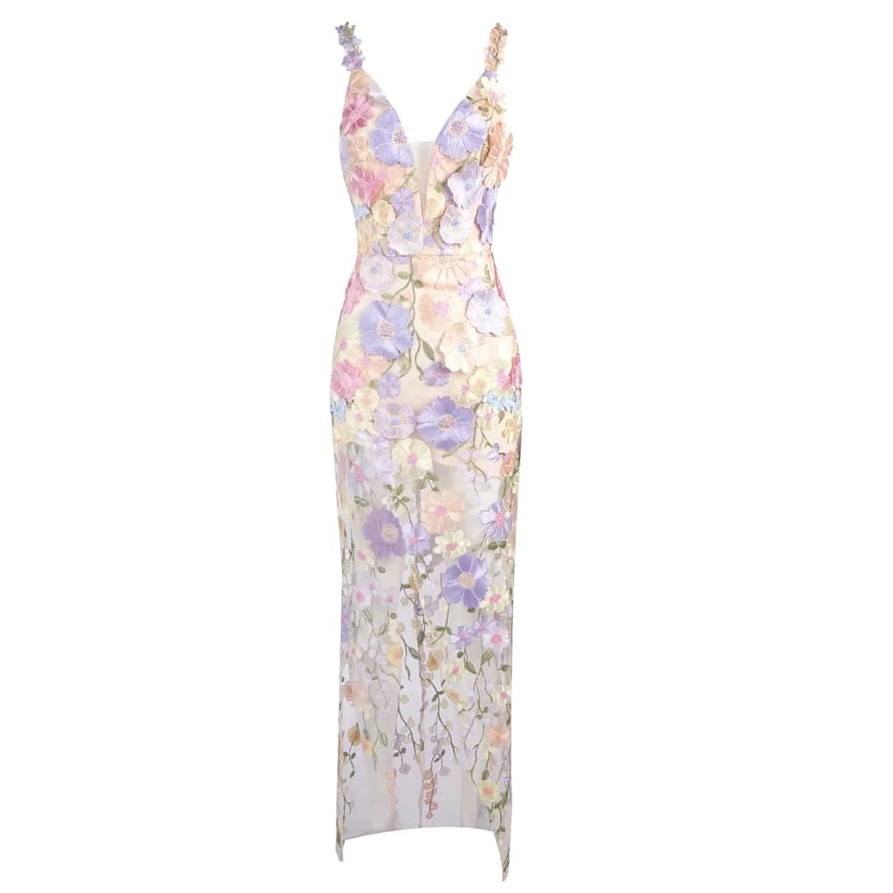 Robe longue romantique en maille transparente brodée florale 3D – Robe sans manches à fente haute po