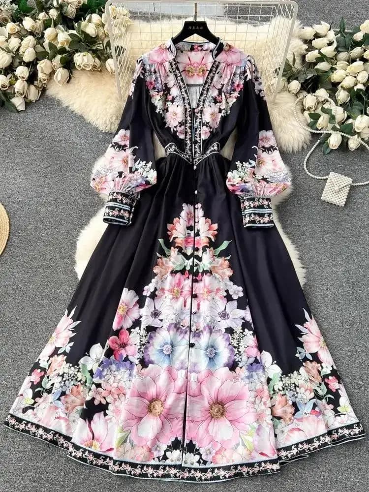 Femmes bohème col en V manches longues lanterne taille élastique Robe Maxi florale automne magnifiqu