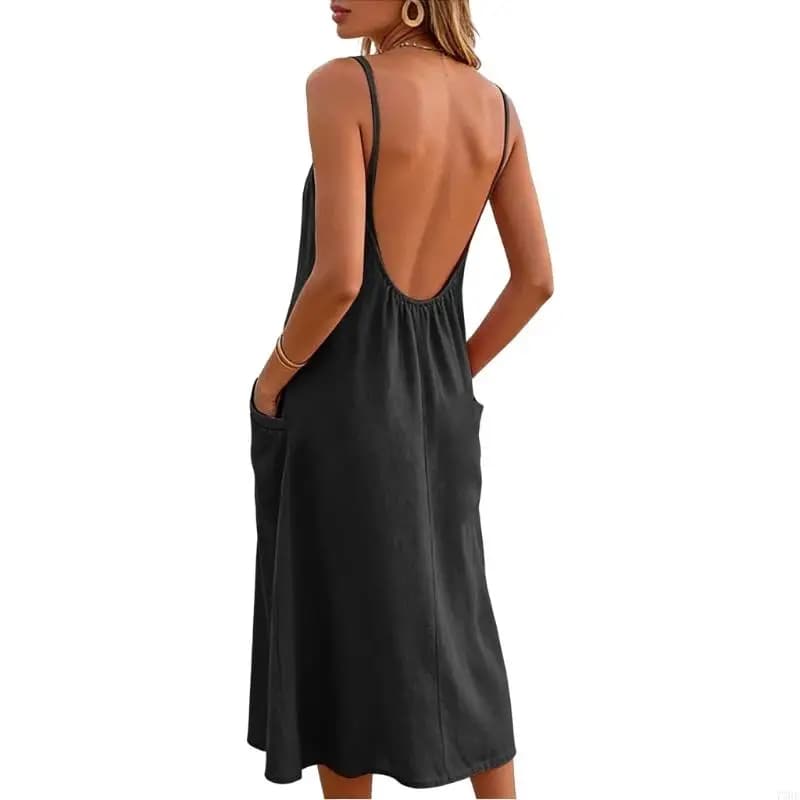 77HE Robe en lin pour femmes, longue, décontractée, fluide, longue robe plage