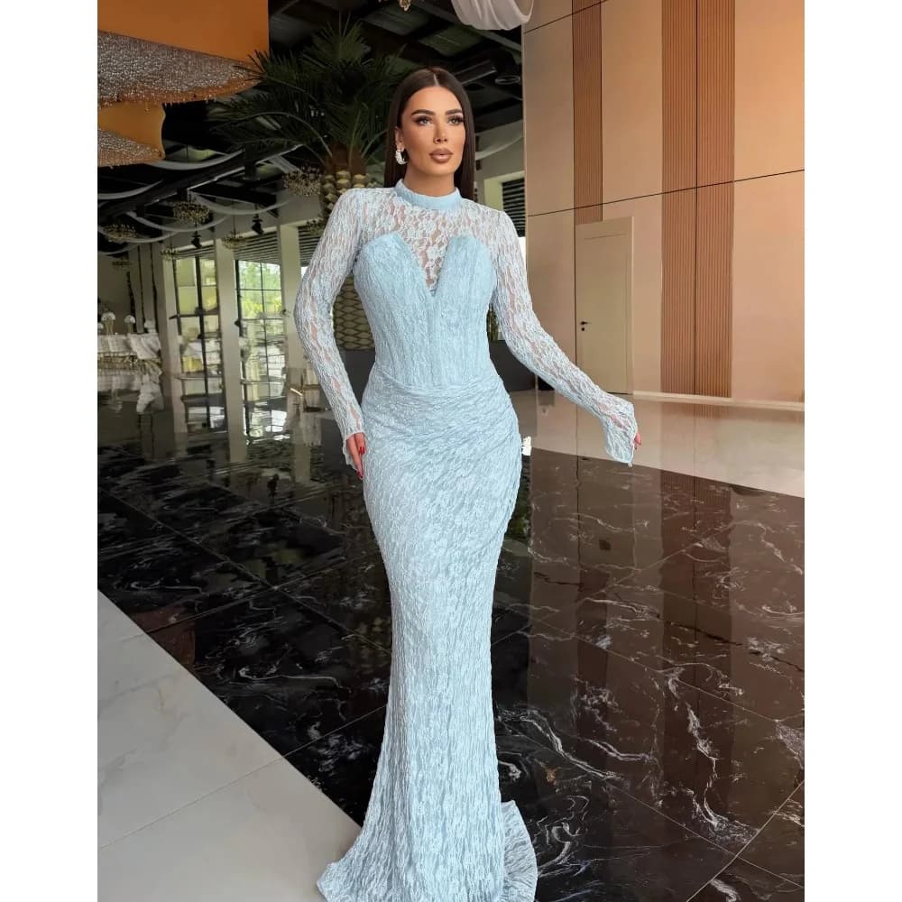 Robes de soirée bleues glamour en dentelle pour femmes, robes de bal sirène avec manches longues et 