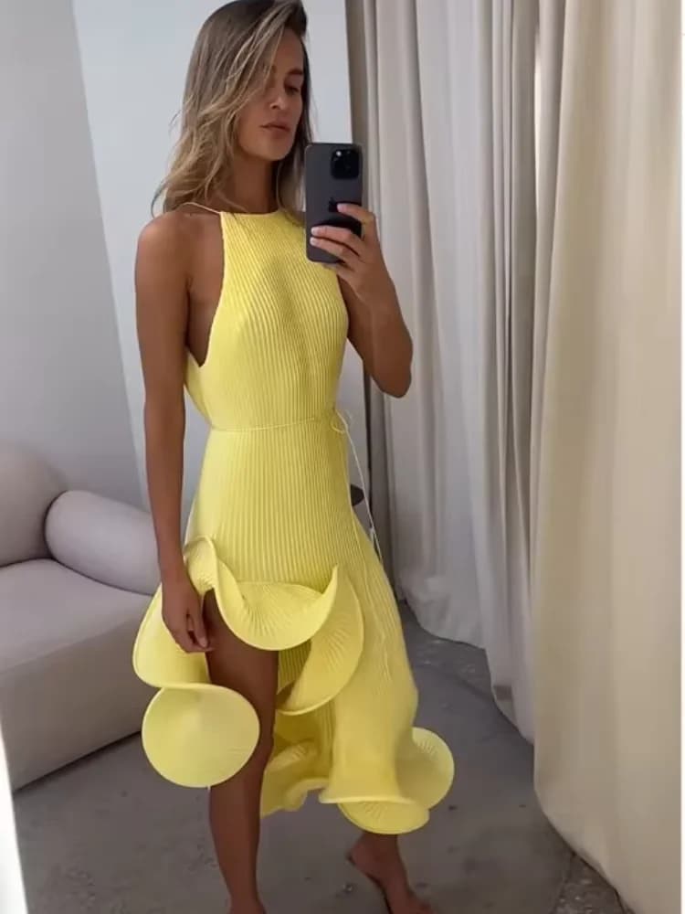 Robe longue maxi chic pour femme, style romantique, à col licou et à lacets, en maille côtelée, à vo