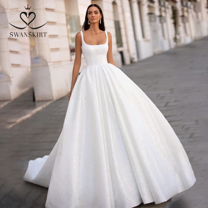 SWANSKIRT-Robe de Mariée en Satin et Dentelle Brillante, Col Carré, Ligne A, Personnalisée, I302, 20