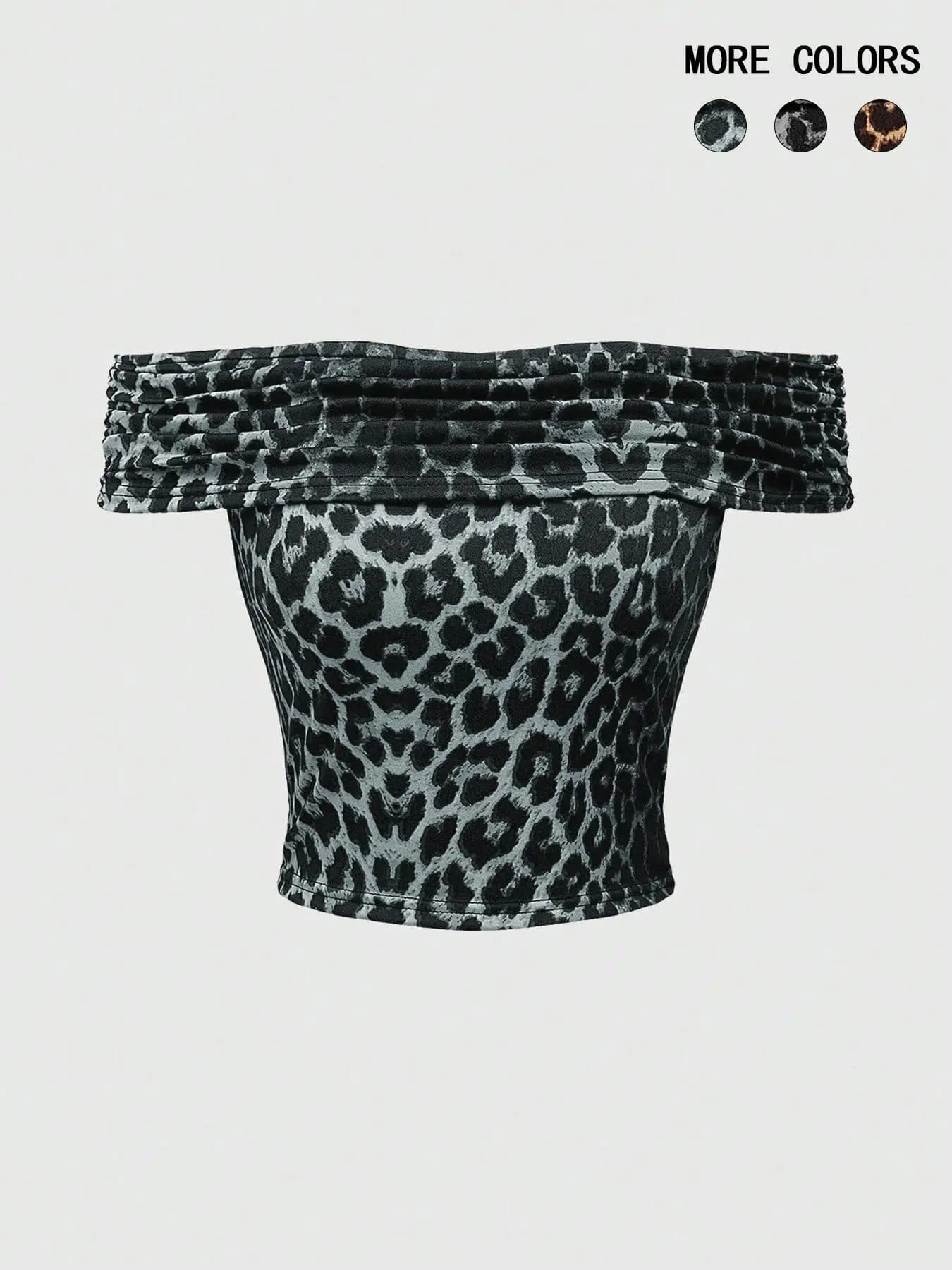 T-Shirt à épaules dénudées imprimé léopard pour femmes, haut décontracté de Style court pour les vac