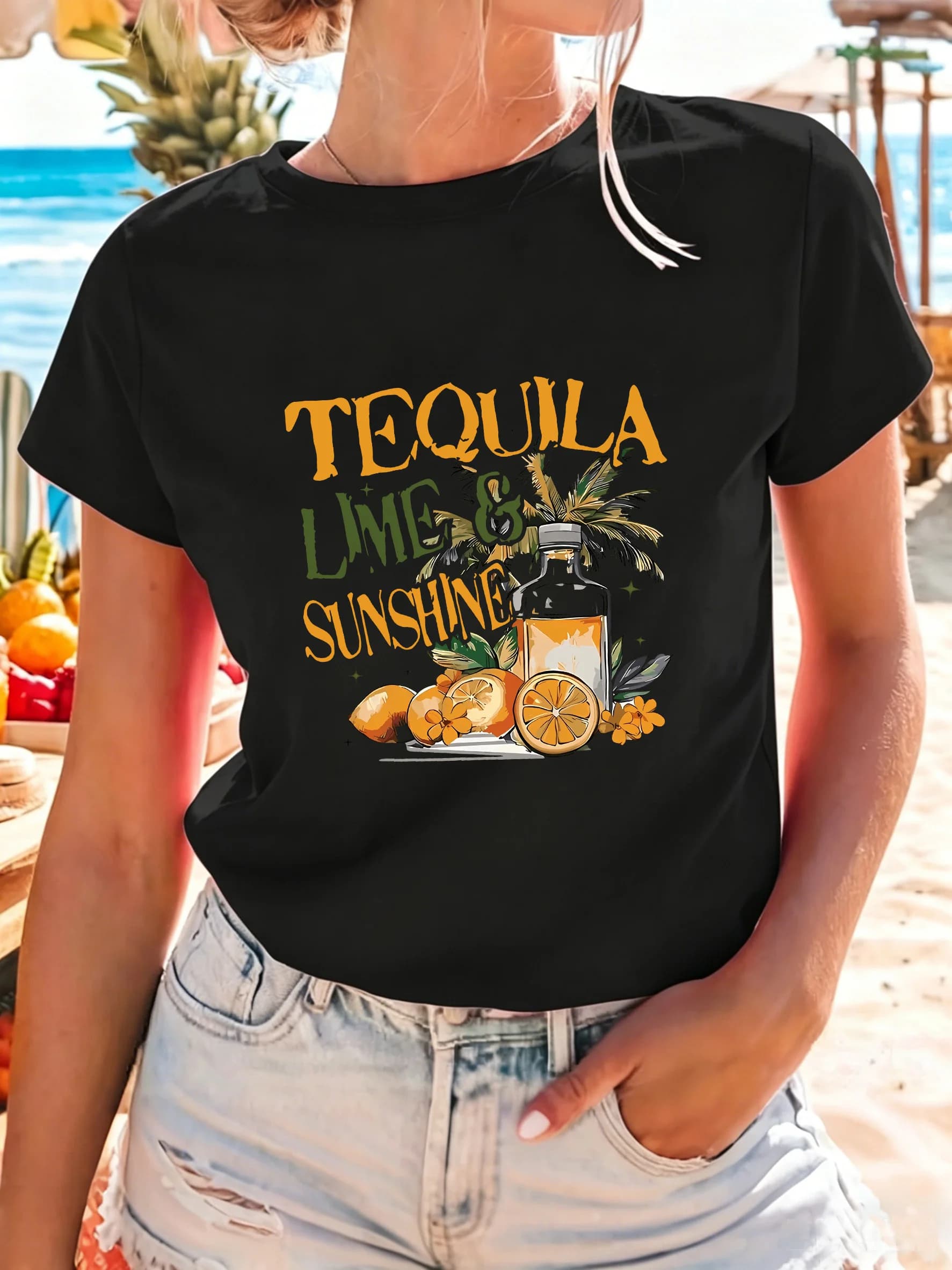 T-shirt décontracté à manches courtes et col rond pour femme, imprimé graphique citron, style grunge