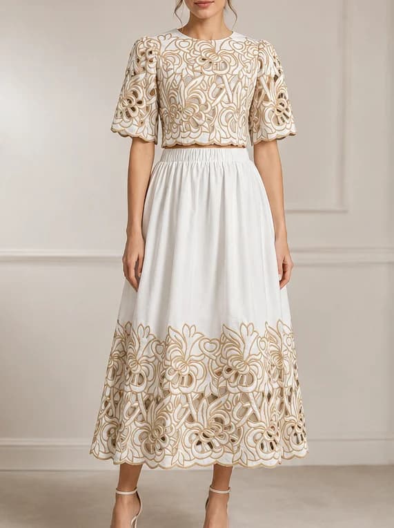 Ensemble deux pièces pour femme, haut et jupe brodés, élégants, ajourés, contrastés, tenues printemp