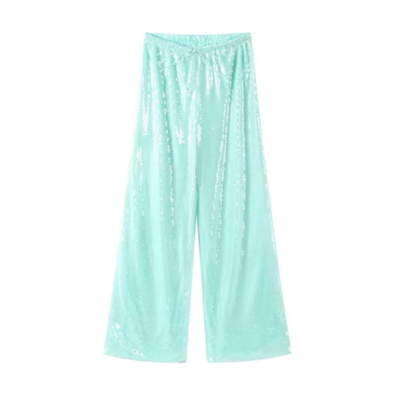 Pantalon long femme tendance à sequins et lacets, pantalon large brillant chic pour l'été, coupe amp