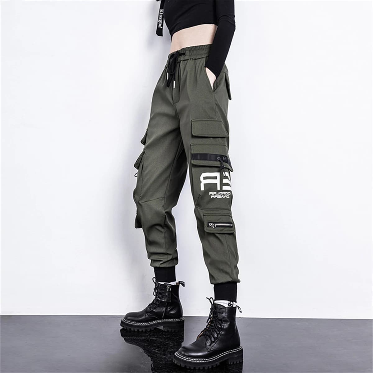 Pantalon Cargo noir pour femmes, jogging décontracté, taille haute, ample, Hip Hop, coréen, Punk, dr