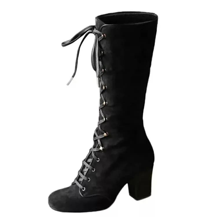 Bottes mi-mollet pour femme, style cavalier, à lacets, talon épais, semelle en caoutchouc, confortab