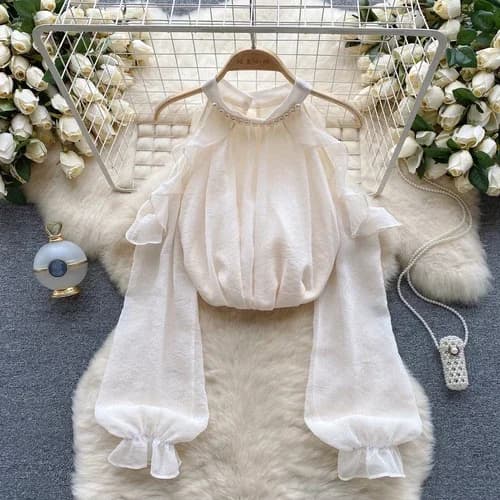 Chemisier chic français pour femme, épaules dénudées, perles, col rond, manches lanterne, élégant, l