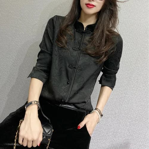 Chemise noire à manches longues et boutons pour femmes, chemises cheongsam de style chinois