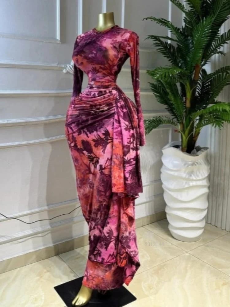 Robe longue sexy pour femme, imprimé tie-dye, col rond, froncée avec ruban, collection Printemps 202