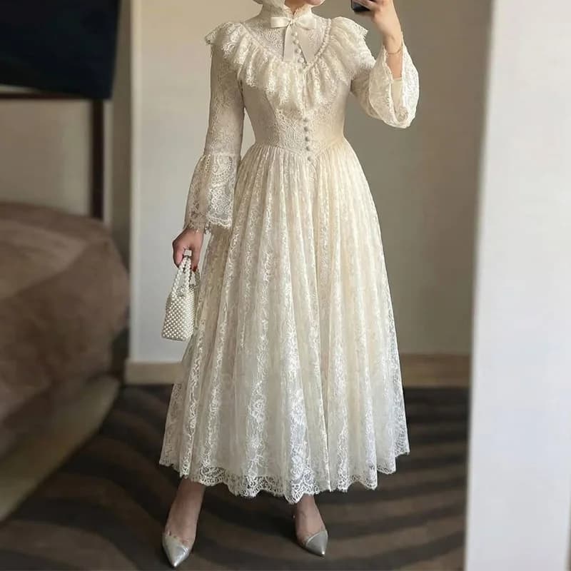 Robe longue en dentelle DEAT pour femme 2026, style vintage, col montant, manches à volants, boutonn
