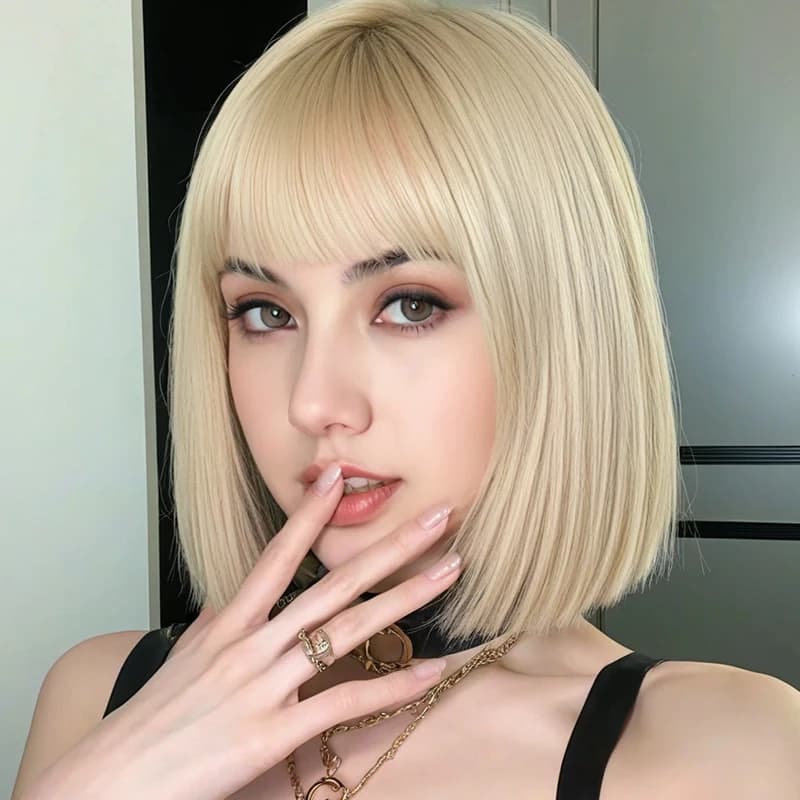 Blonde bangs wig 12 inches, high-temperature heat-resistant synthetic fiber, slimming face shape, su