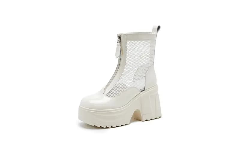 10cm bottines courtes femmes mode quotidien Patry talons hauts bloc fendu en cuir Patchwork maille l