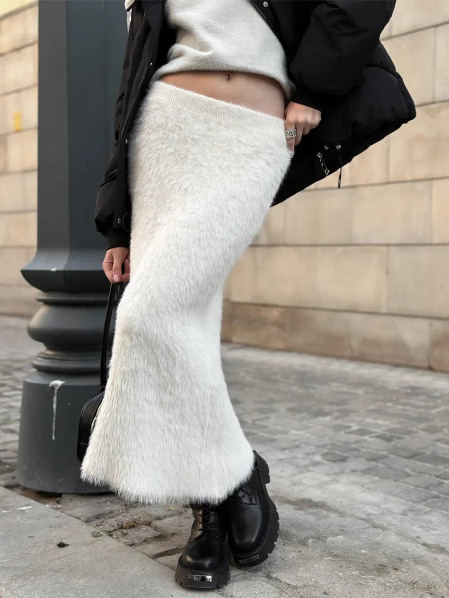 Jupe Maxi blanche moelleuse pour femmes, automne hiver, taille haute, Chic, Simple, droite, Streetwe