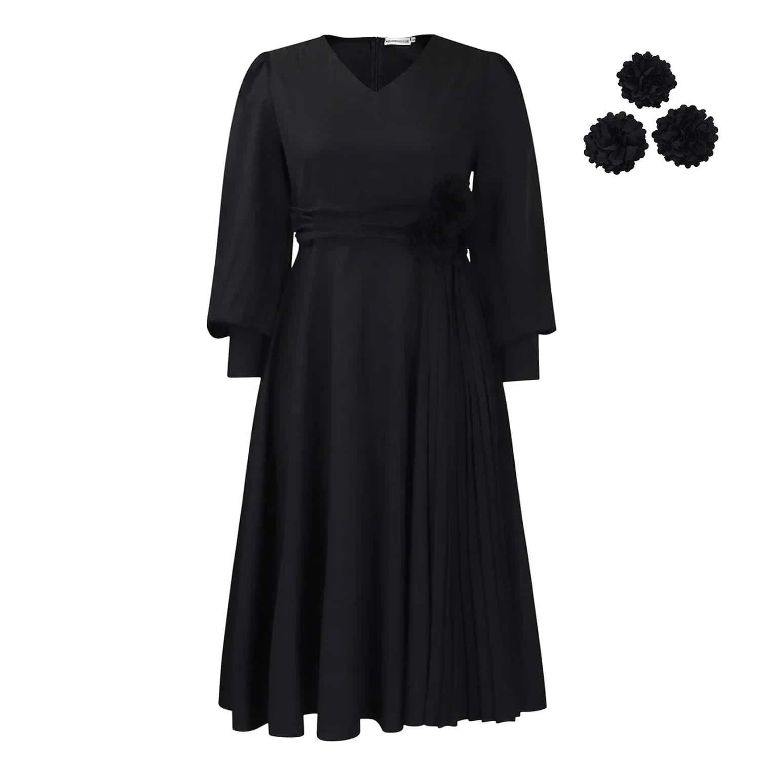Robe longue femme plissée col en V manches longues fleurs 3D taille ajustée maxi ligne A été 2025
