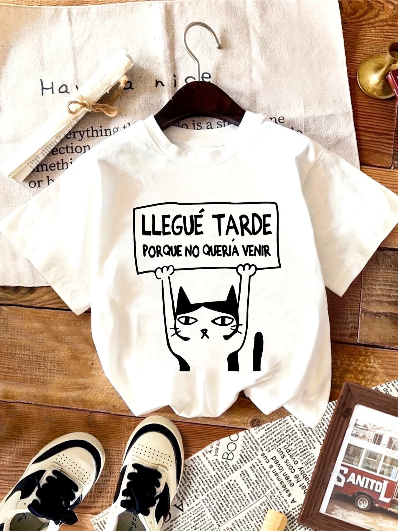 T-Shirt femme mignon chat lettre imprimée "Légue tarde parce que No Queria Venir" décontracté manche