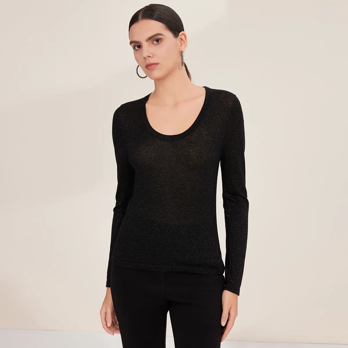 BD3521283 Pull à manches longues et col rond pour femme en laine mérinos super fine et scintillante 