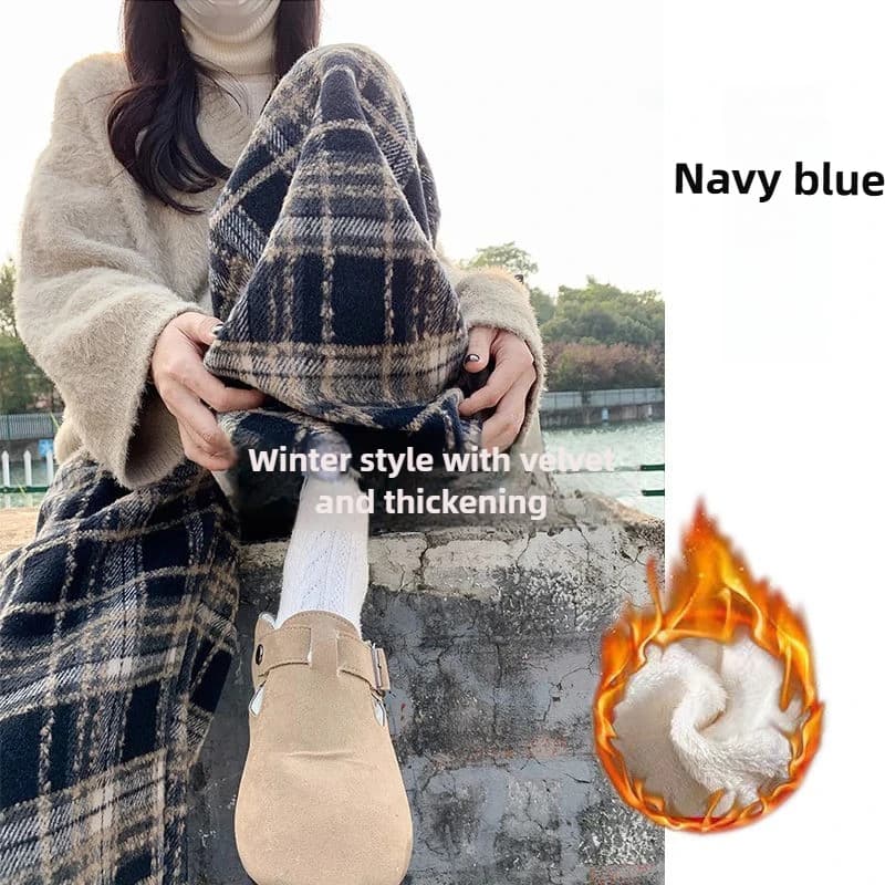 Pantalon polaire à jambes larges pour femme, épais, à carreaux, jambe droite, longueur au sol, mode,