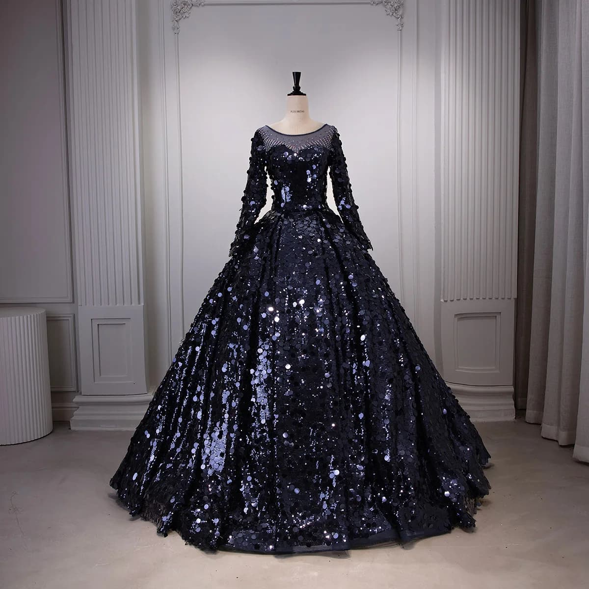Robe de mariée à manches longues et col rond, robe de soirée à paillettes, pour spectacle, cérémonie