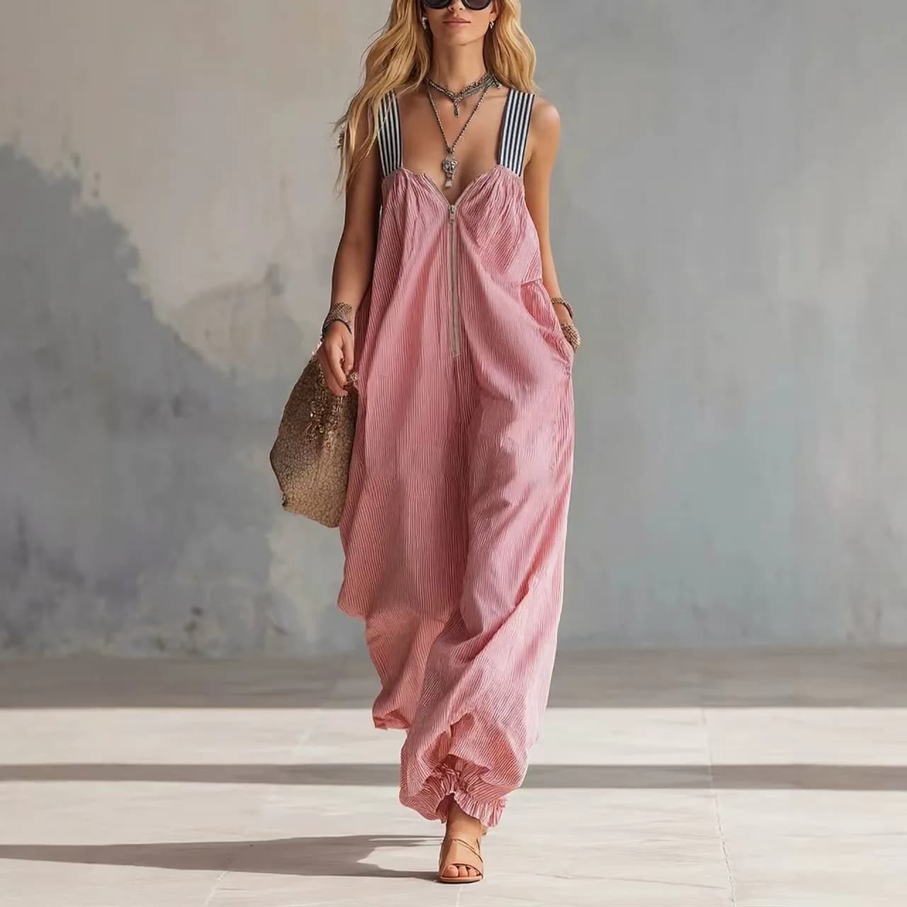 Combinaison décontractée rose rayée sans manches pour femme avec fermeture éclair, coupe ample, jamb