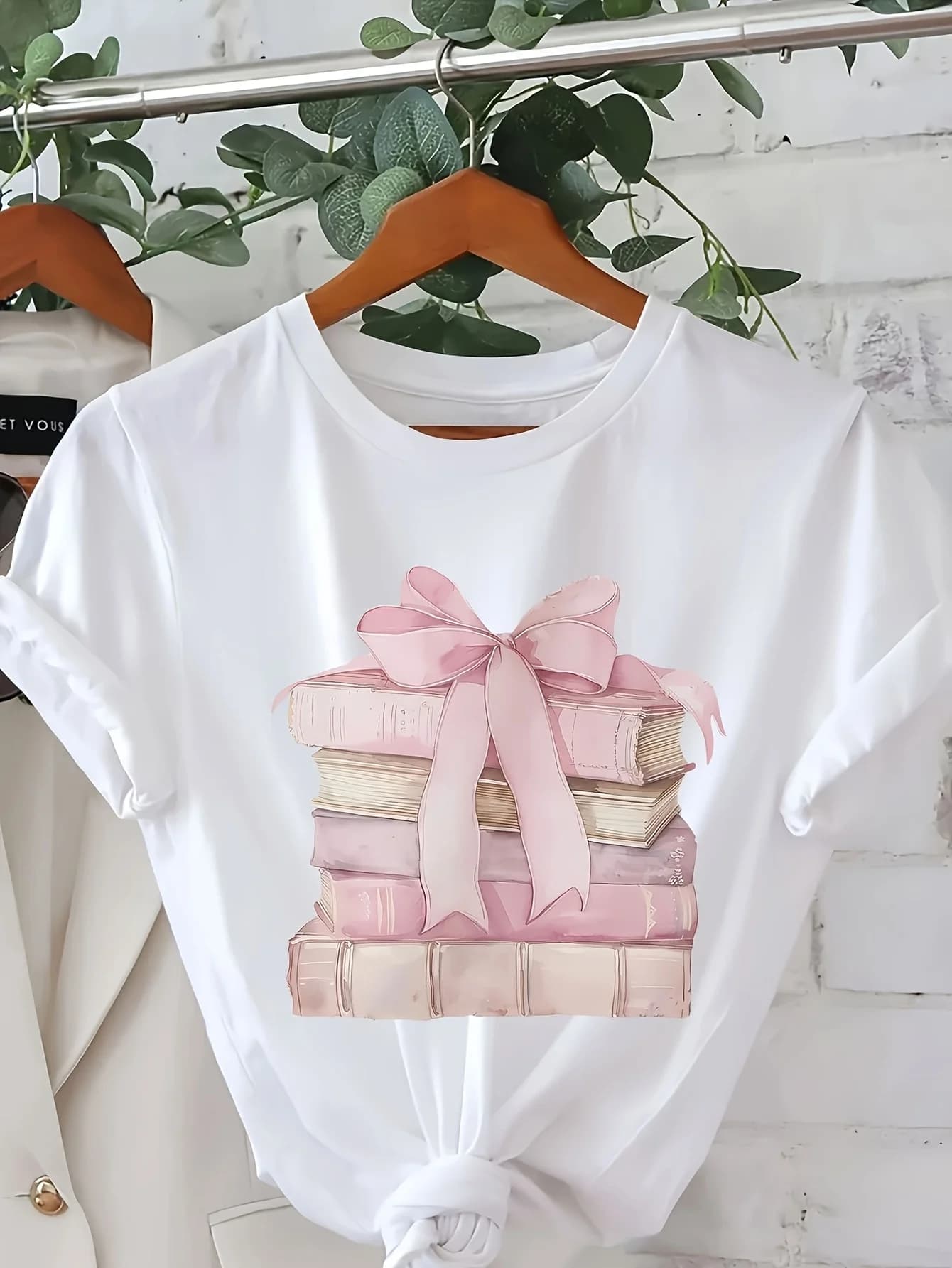 T-shirt à manches courtes pour femme, motif nœud papillon empilé, col rond, design décontracté aux c