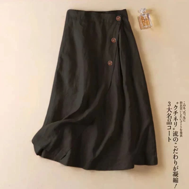 Jupe longue mi-mollet en lin pour femme, taille élastique, ligne A, monochromatique, boutonnage simp