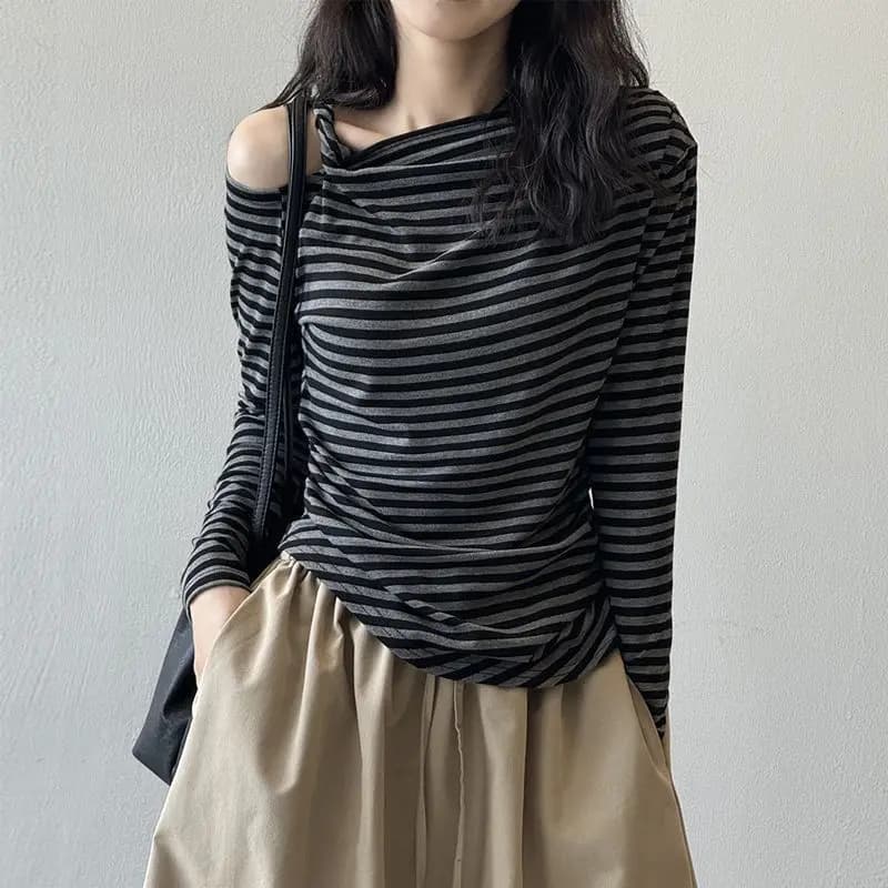 Haut asymétrique à manches longues torsadé pour femmes, épaules dénudées, élégant, Style 2026, t-shi