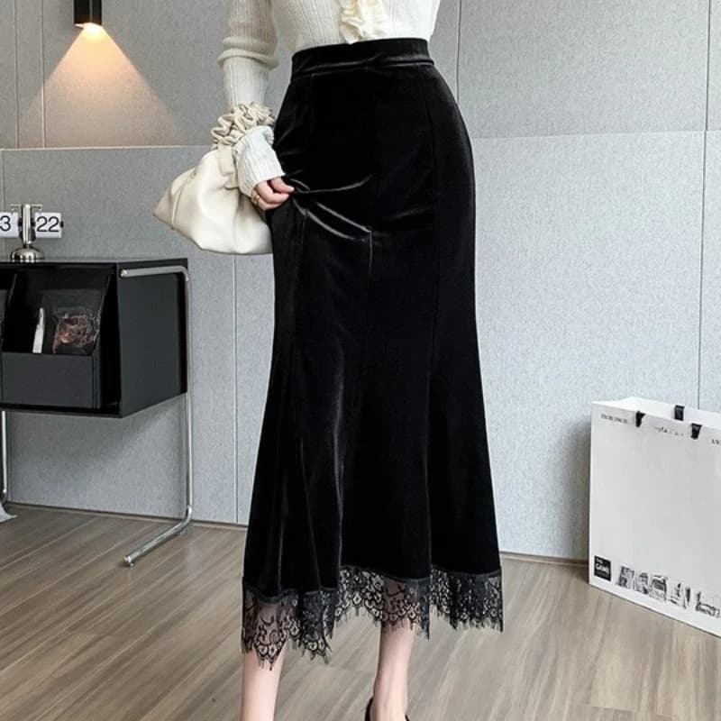 Automne hiver Vintage velours dentelle Patchwork femmes jupes portefeuille 2025 nouveau taille haute
