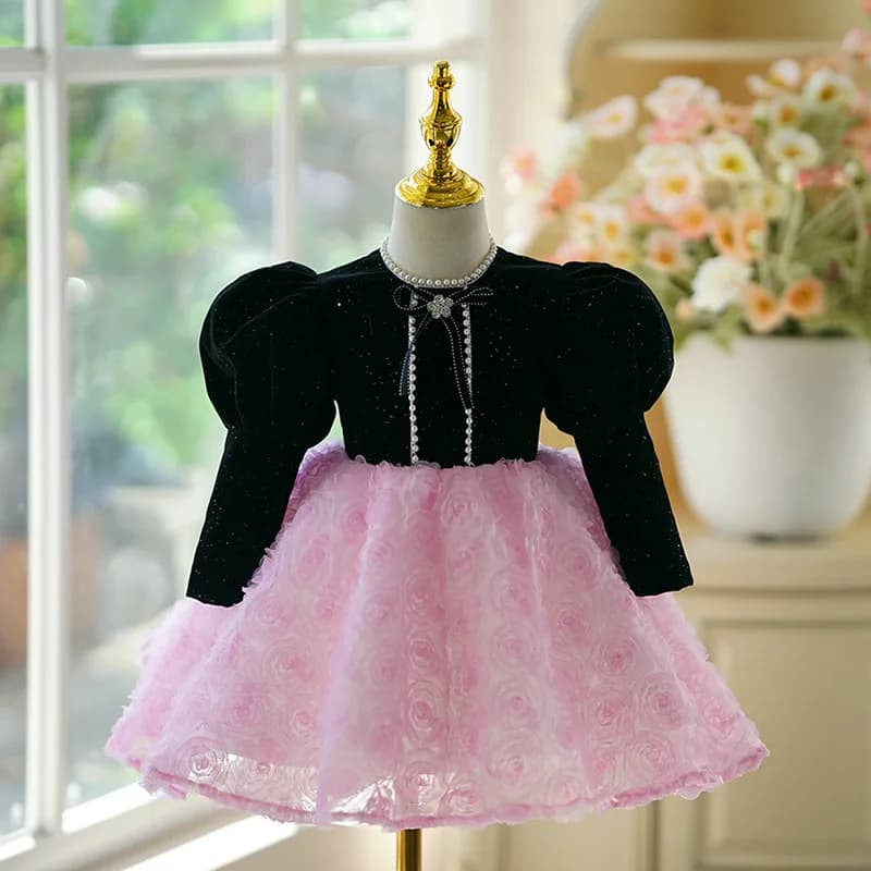 Robe de mariée à fleurs pour filles, tenue de princesse à manches longues, pour 1er anniversaire, Pi