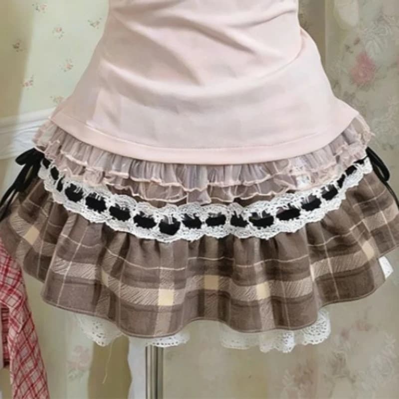 Ensemble 3 Pièces Élégant Style Vintage Old School pour Femme, Jupe Courte Plaid Kawaii Rétro, Tenue