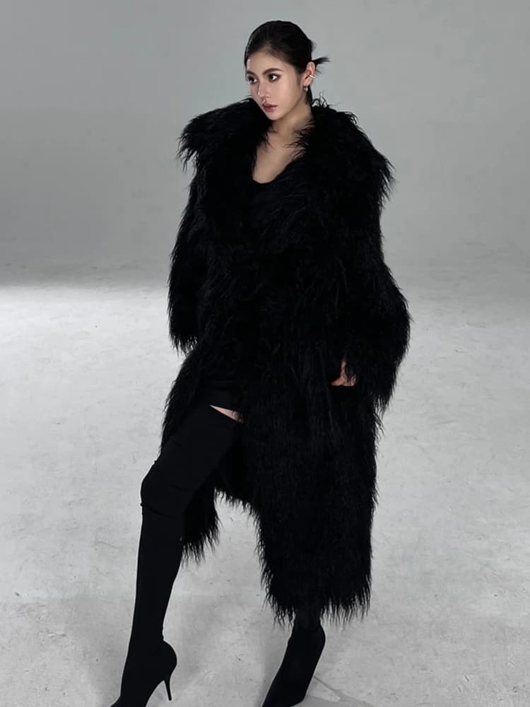 Lautaro hiver Long noir poilu Shaggy épais chaud doux moelleux fausse fourrure manteau femmes ceintu