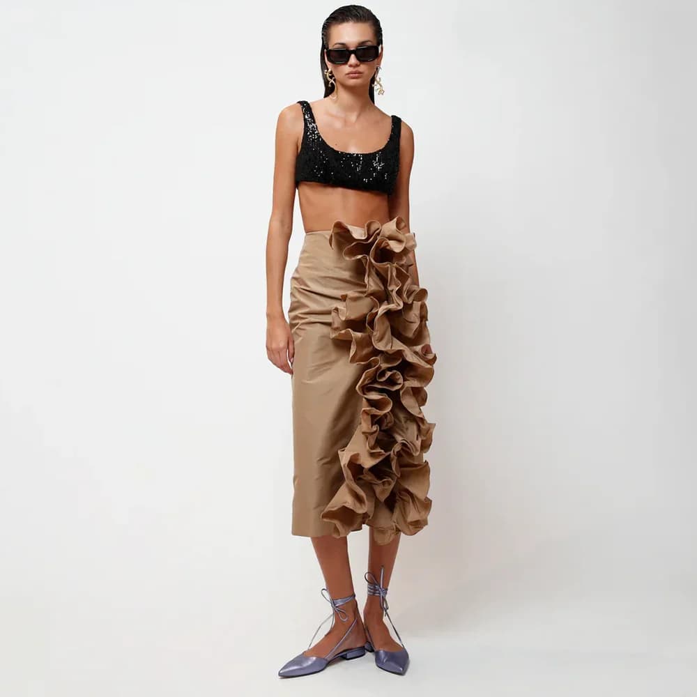 Jupe mi-longue en taffetas à volants pour femmes, design chic, taille haute, satin ingent, longueur 