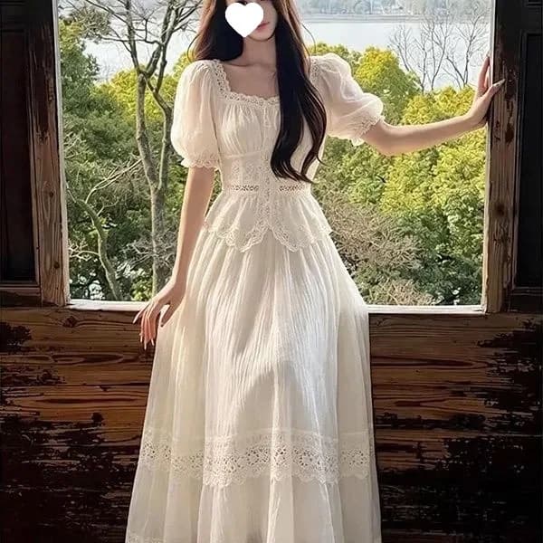 Ensemble en dentelle style vacances françaises d'été, robe longue blanche féerique, ensemble deux pi