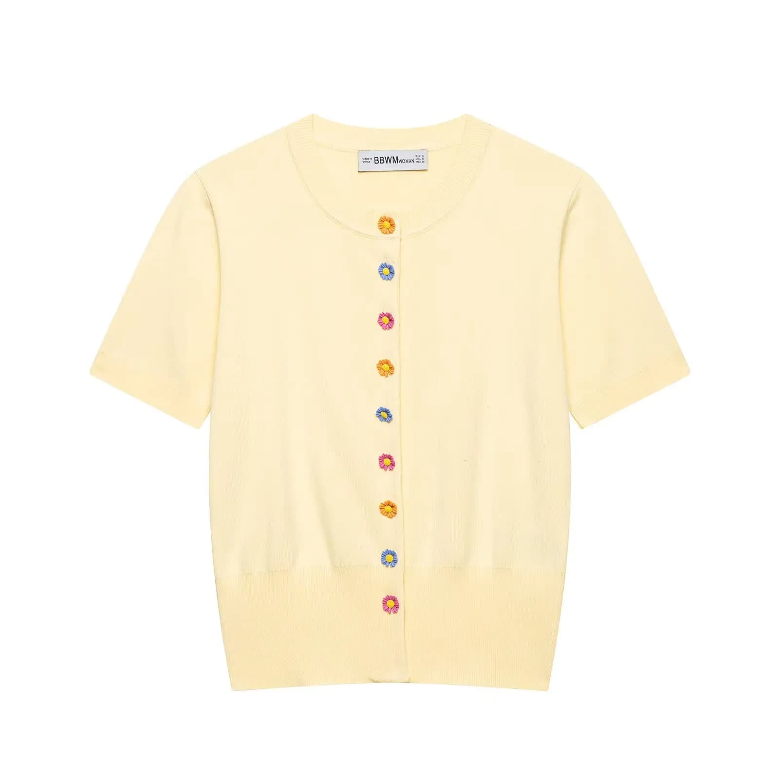 T-shirt jaune à col rond et manches courtes pour femme, motif floral coloré, tricoté, décontracté, p