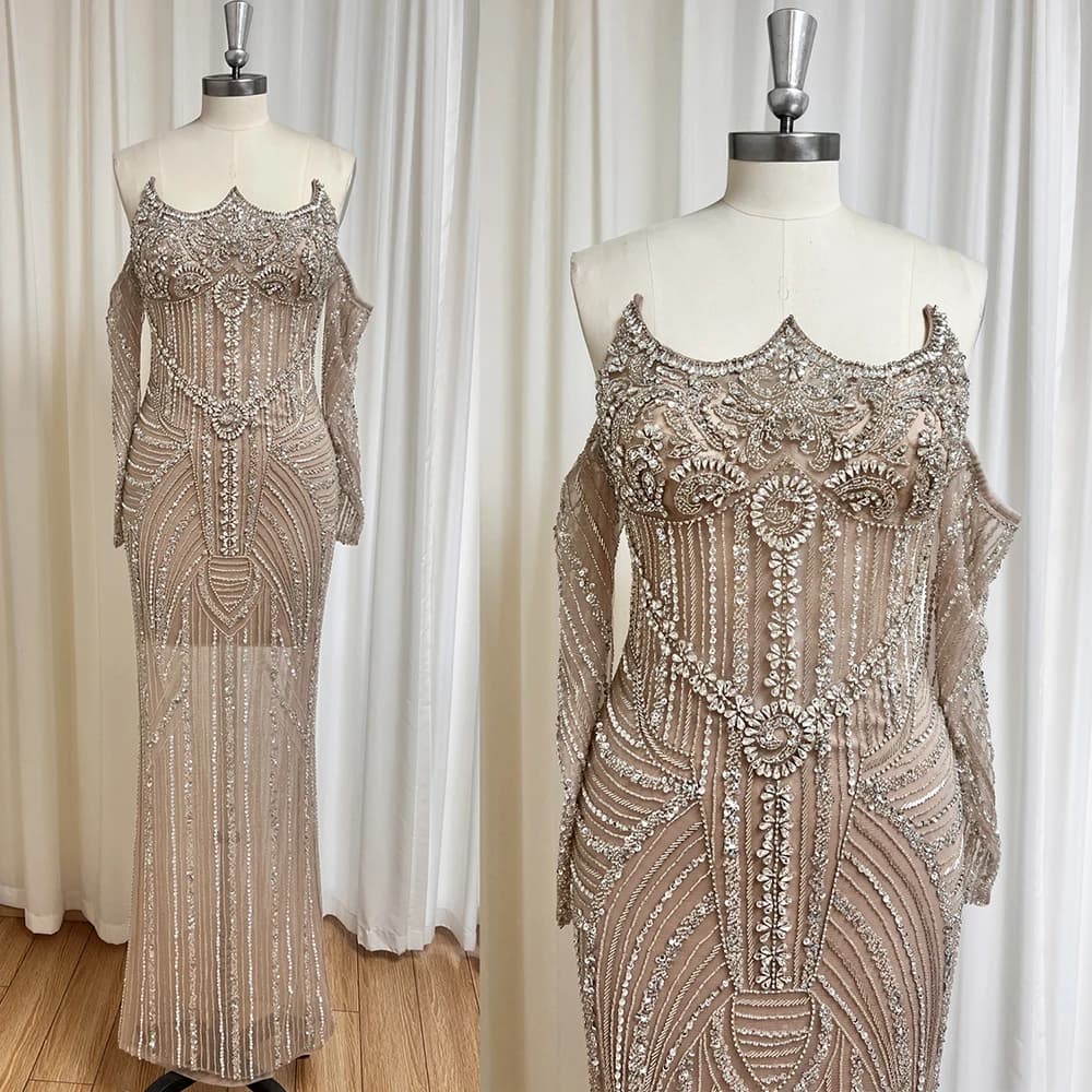 Robe de Soirée Élégante Or Rose Perlée pour Femme Manches Longues 2026 Luxe Dubaï Arabe Formelle Bal