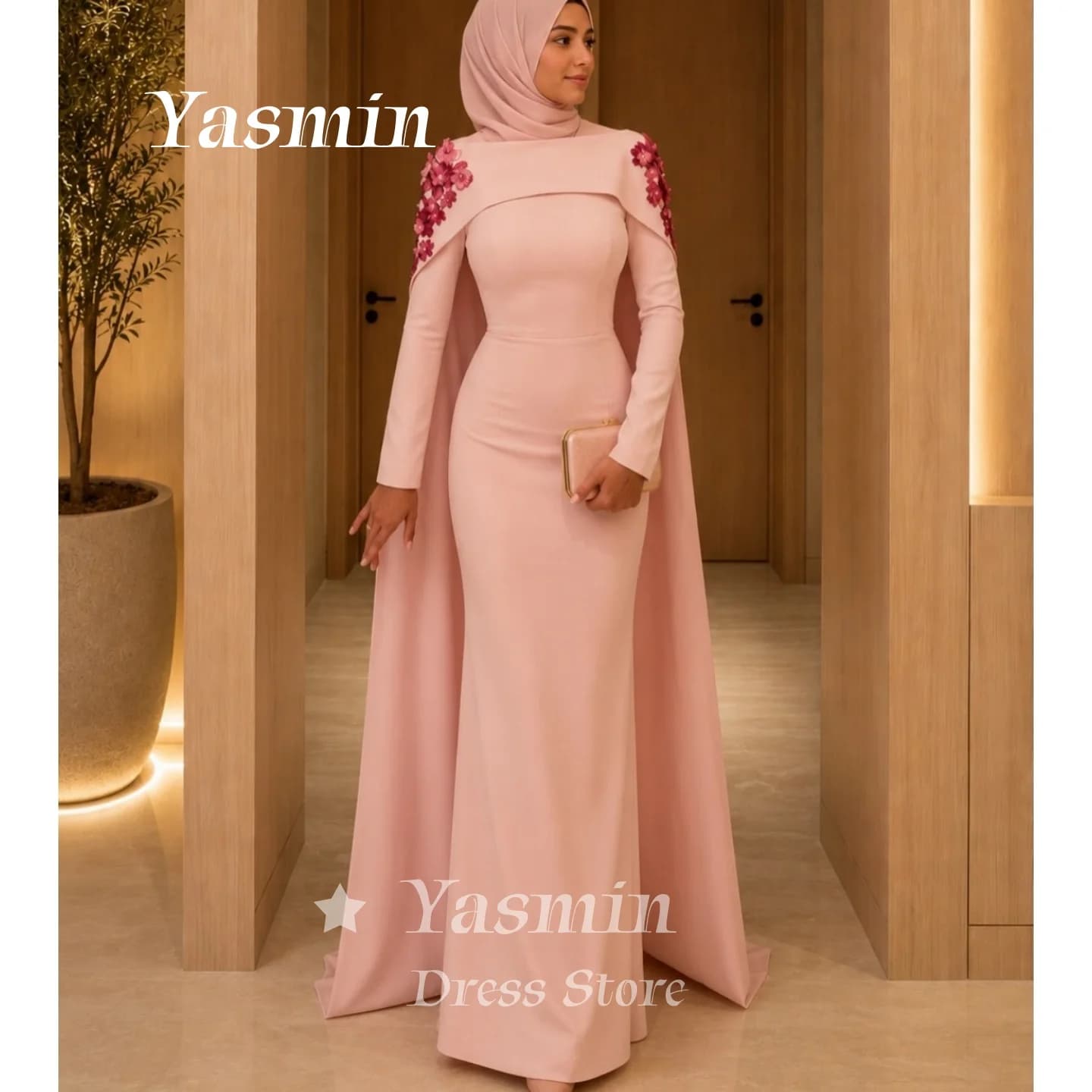Robe de bal musulmane rose, robe de soirée florale 3D, robe de mariée sirène à manches longues pour 