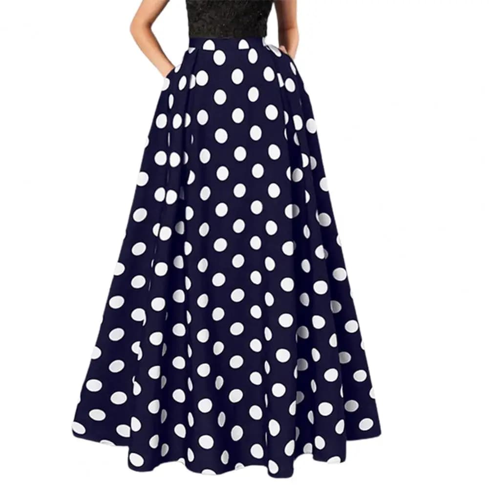À pois évasé a-ligne femmes Maxi jupe a-ligne plissée jupes longues été dame Vintage taille élastiqu