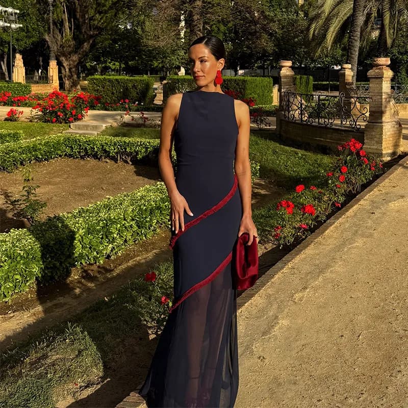 Robe longue à rayures élégantes, dos nu, couleur contrastée, Slim, col rond, sans manches, Robes de 
