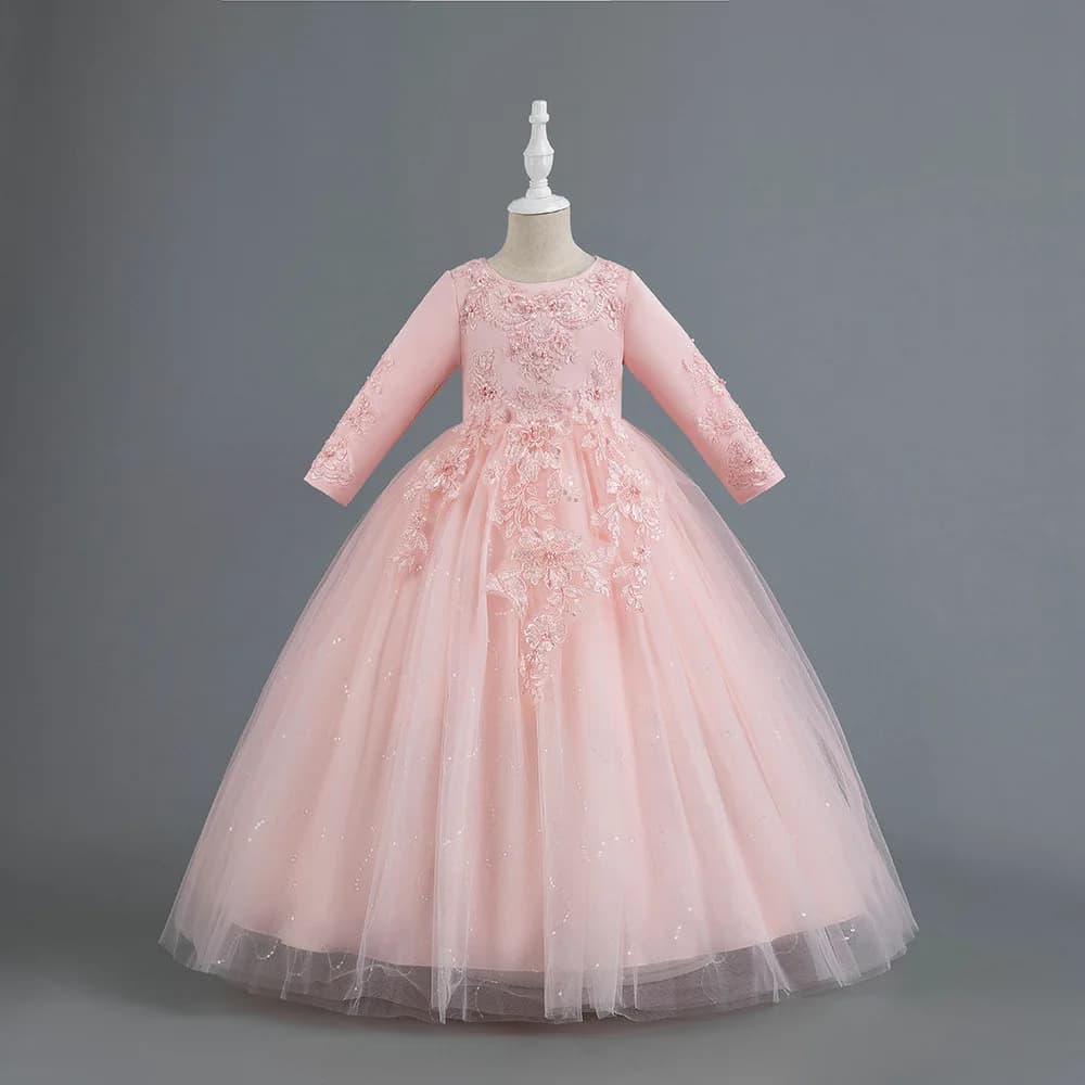 Robe formelle pour filles de fête élégantes, vêtements de cérémonie brodés à manches longues pour fi