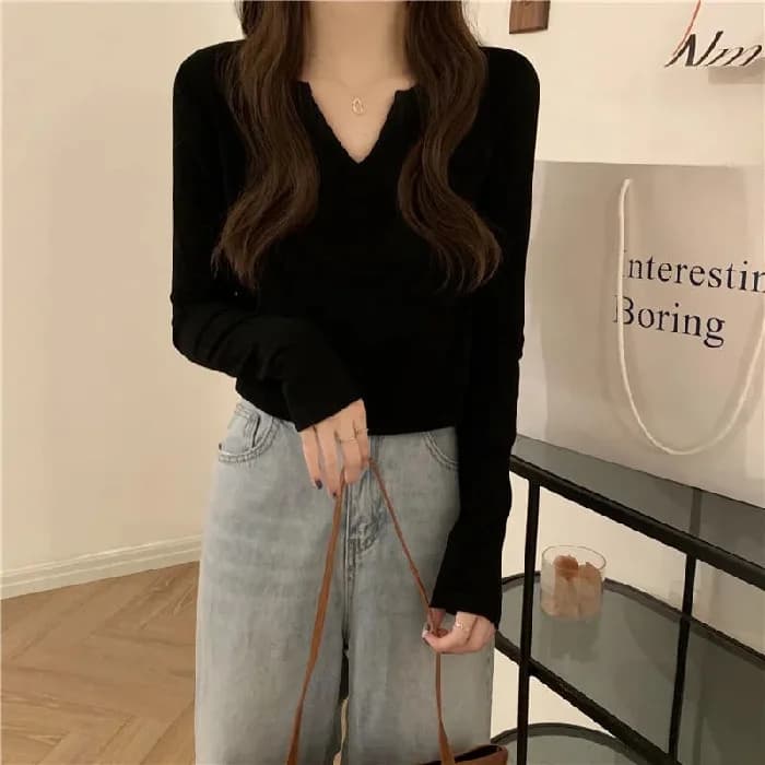 T-shirt à manches longues et col en v pour femmes, nouveau Style coréen, Slim, polyvalent, haut à ba