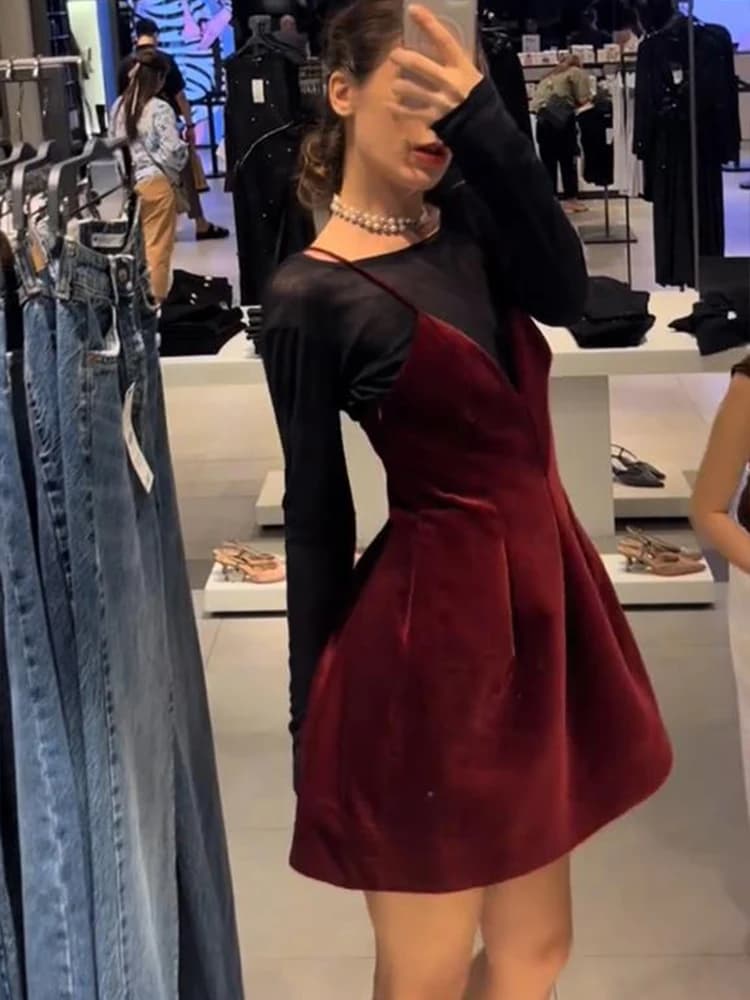 Robe Courte en Velours Rouge pour Femme, Col en V, Velours, Mode, Fibre, Élégante, Cintrée à la Tail