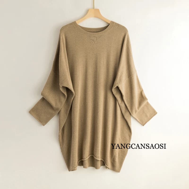 Pull en cachemire de soie pour femmes, col rond, couleur unie, bas, haut mi-long, manches chauve-sou