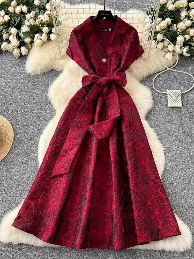 Robe longue élégante en Jacquard pour femmes, manches courtes crantées, simple boutonnage, ligne a f