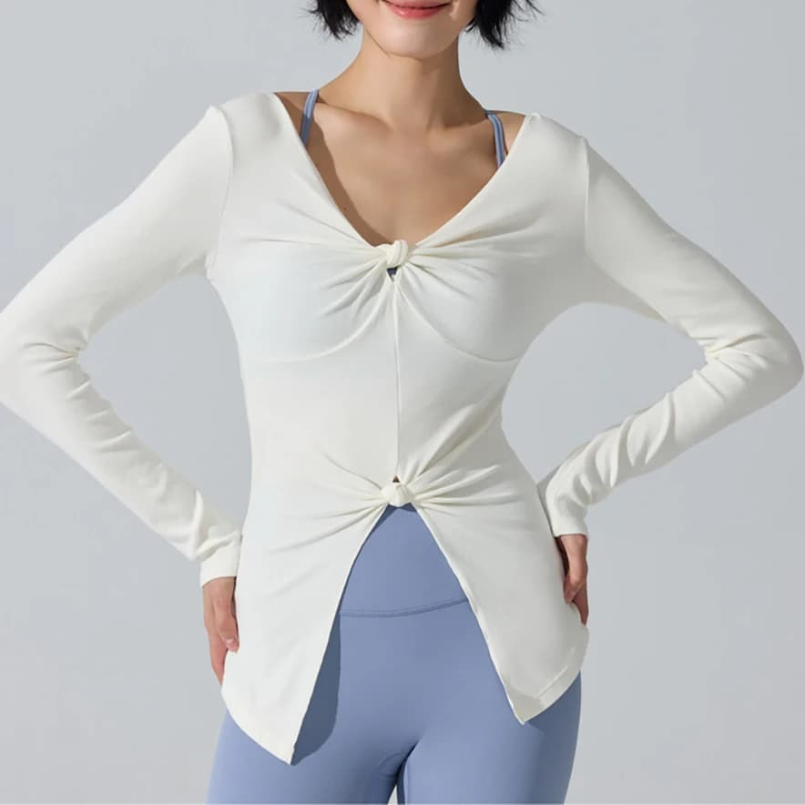 Haut de Yoga à manches longues pour femmes, chemise de sport ajustée à col en v, vêtements d'entraîn