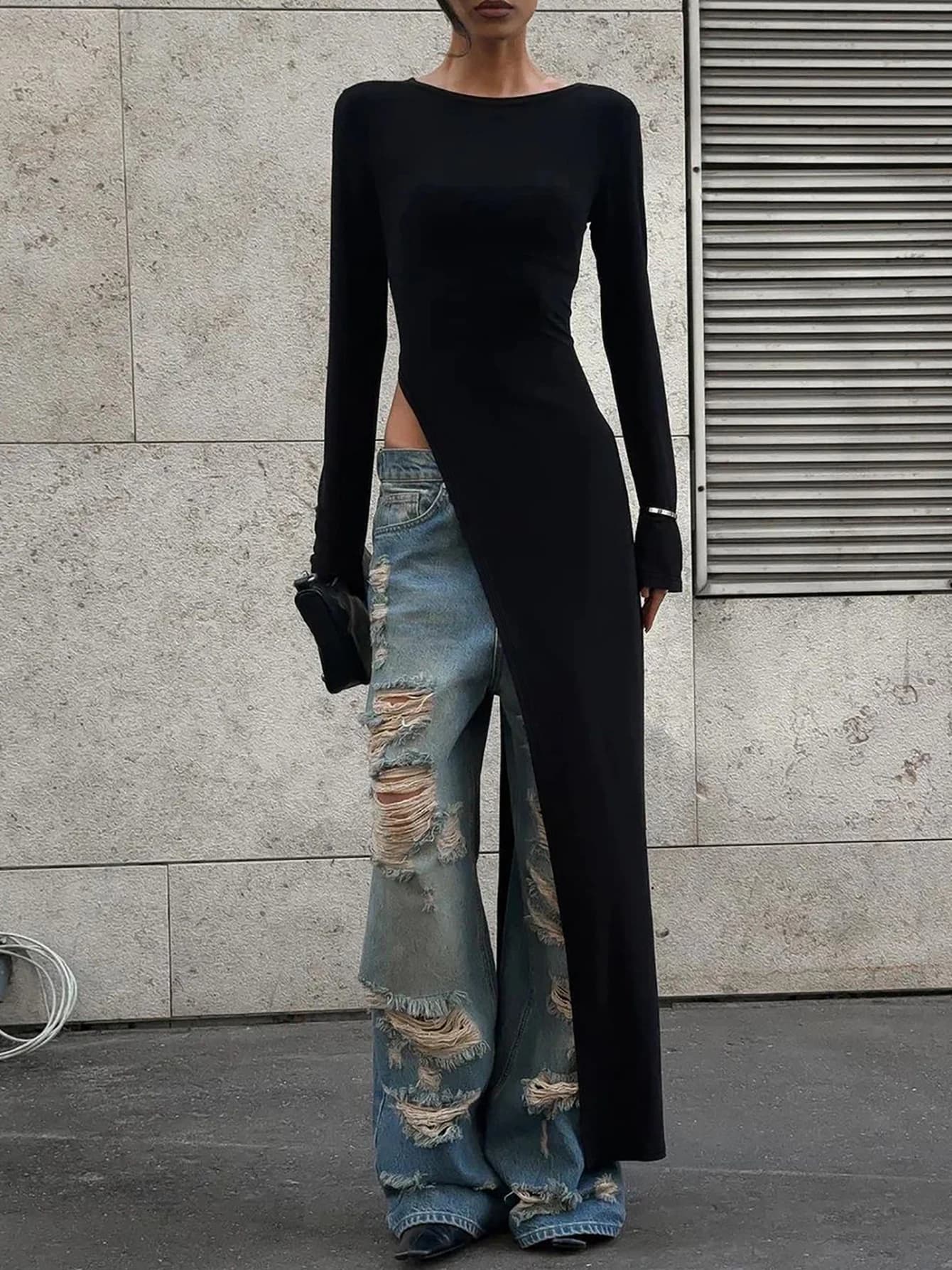 Dulzura – robe longue à manches longues, fente haute sur le côté, couleur unie, Sexy, tenue de soiré