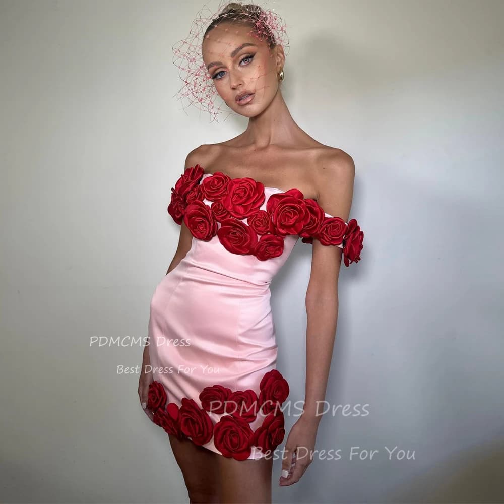 Robe de Soirée Courte Rose Carillon pour Femme, Mini Robe de Cocktail Sexy, Fleurs Rouges, Soirée, B